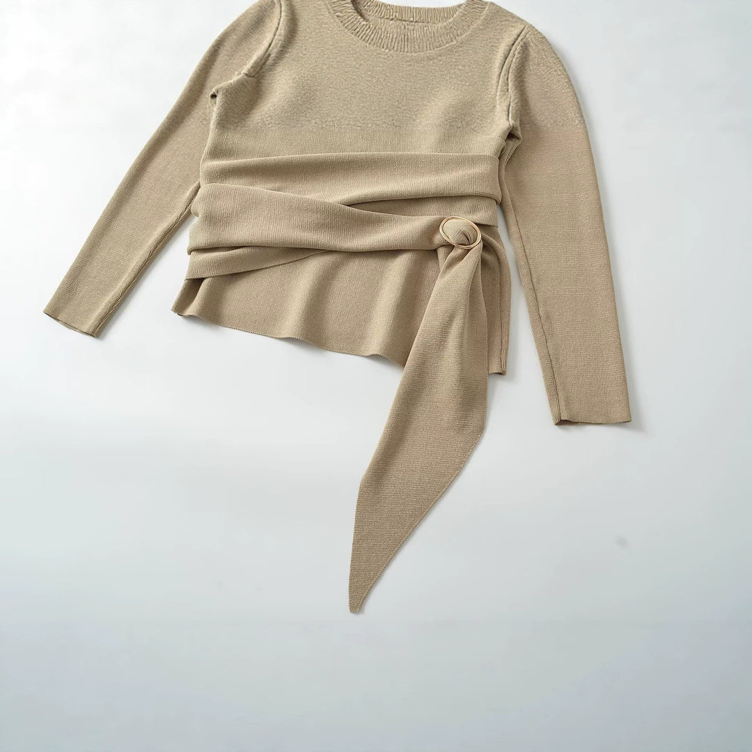 Women's wrap knitted sweater with V-neck and decorative belt Drune