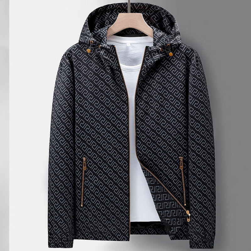Men's Lightweight Hooded Pattern Jacket made of Microfiber with Urban Geometry Print Mune Fashion