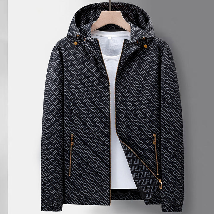 Men's Lightweight Hooded Pattern Jacket made of Microfiber with Urban Geometry Print Mune Fashion