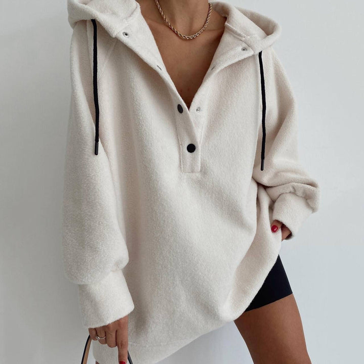 Women's cozy hooded fleece tunic sweatshirt with snap button placket and dropped shoulder Mune Fashion