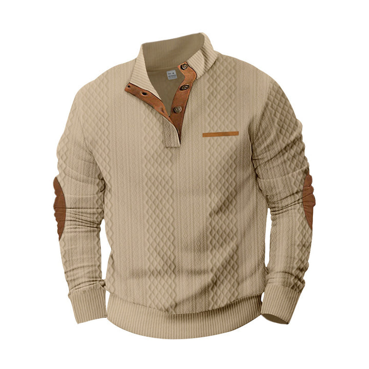 Men's knitted pullover with stand-up collar, button placket and elbow patches Mune Fashion