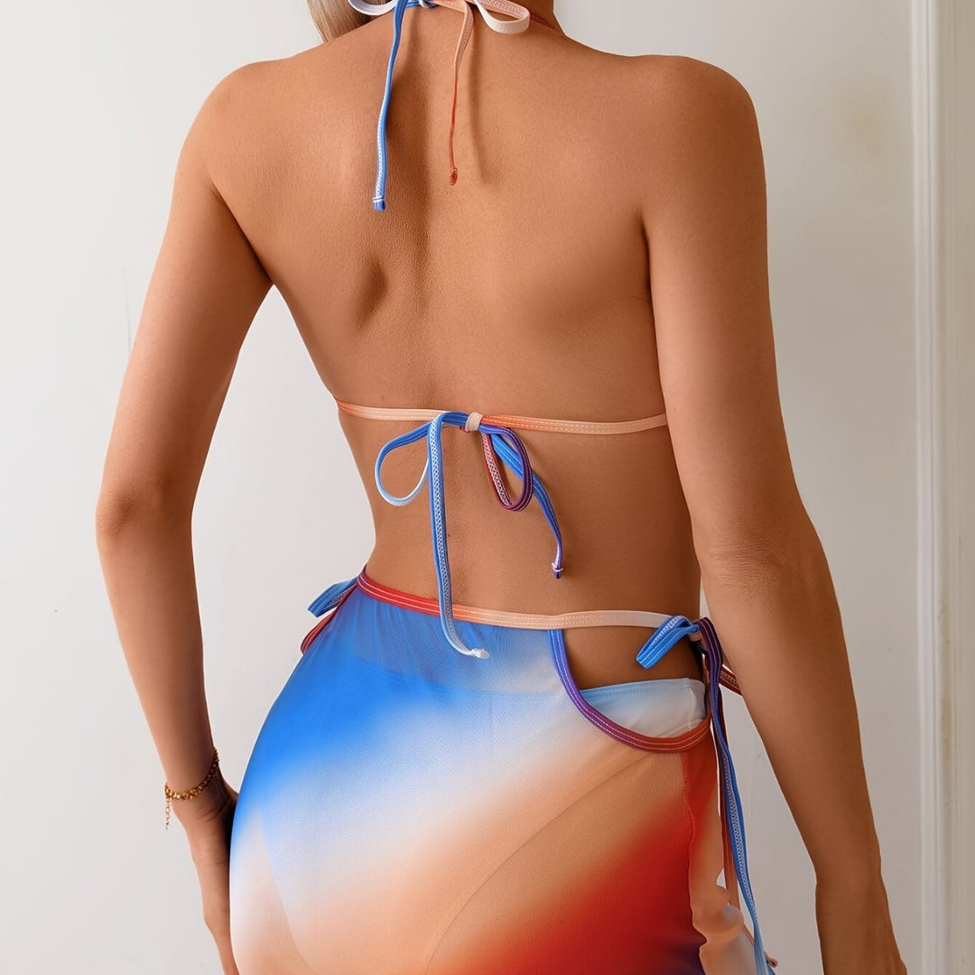 Women's triangle bikini with continuous color gradient and side wrap skirt Mune Fashion