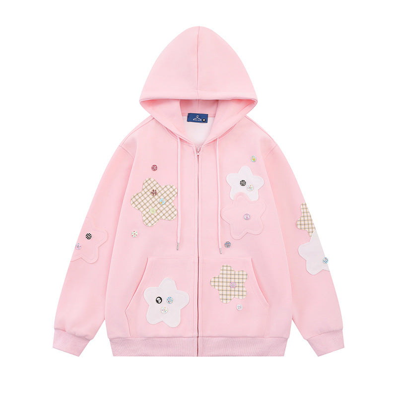 Women Oversize Zip Hoodie with Floral Star Appliqués and Button Details Mune Fashion