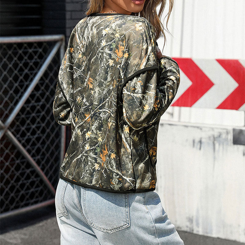 Women's Lightly Quilted Camouflage Jacket with Round Neck, Contrast Piping and Patch Pockets