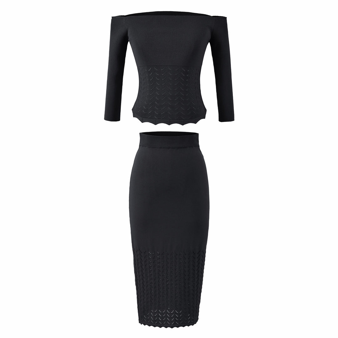 Women's Two-Piece Knit Set with off-the-shoulder Neckline and Bodycon Pencil Skirt Mune Fashion