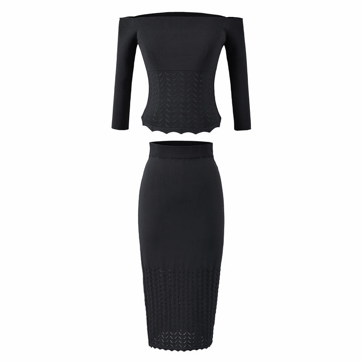 Women's Two-Piece Knit Set with off-the-shoulder Neckline and Bodycon Pencil Skirt Mune Fashion
