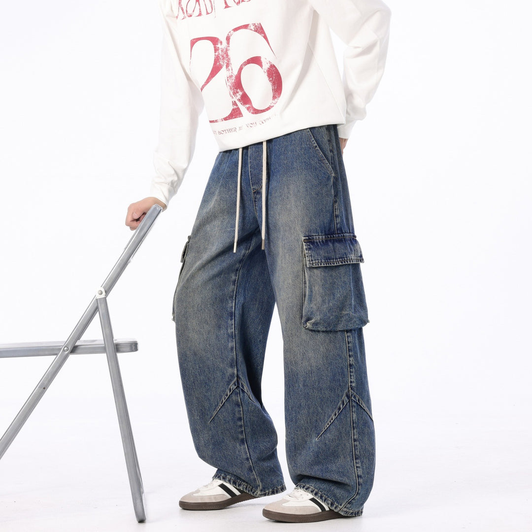 Men's Loose Cargo Denim Pants with Drawstring, Used Wash and Oversized Fit Mune Fashion