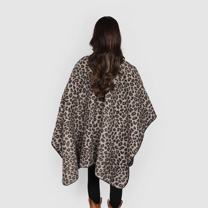Women's Rectangular Wrap Ruana with Leopard Boucle and Fine Overlock Edging Mune Fashion