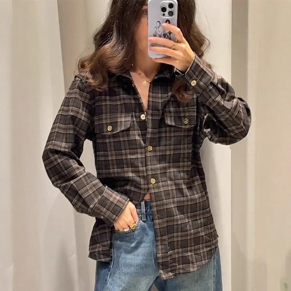 Women Checked Overshirt with Chest Pockets and Gold Snap Buttons Mune Fashion