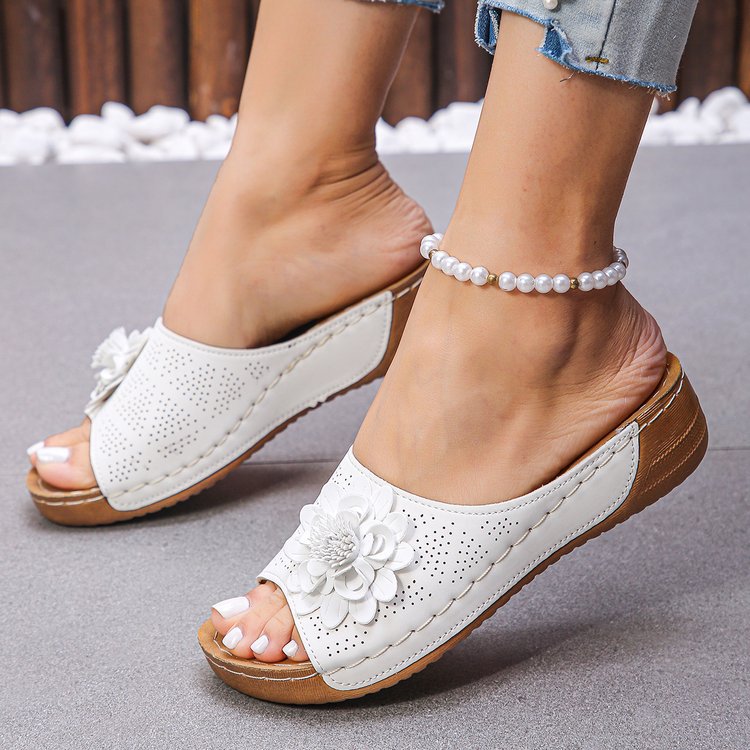 Ladies Padded Wedge Slip-Ons with 3D Flower Application and Ergonomic Comfort Footbed Mune Fashion