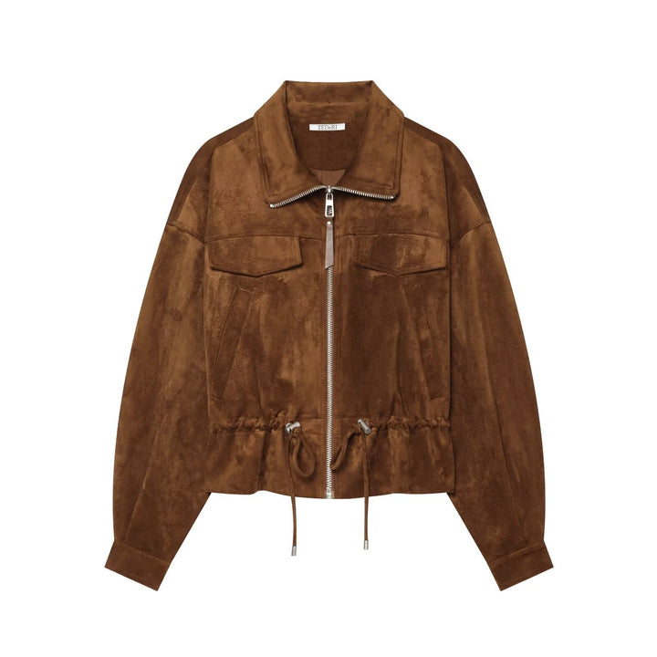 Women's Suede-Look Bomber Jacket with Drawstring and Chest Pockets Mune Fashion