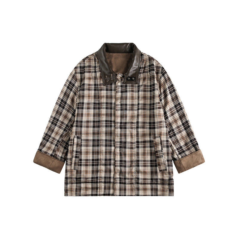 Men's short-cut field blouson in vintage workwear style with faux leather stand-up collar and checked inner lining Mune Fashion
