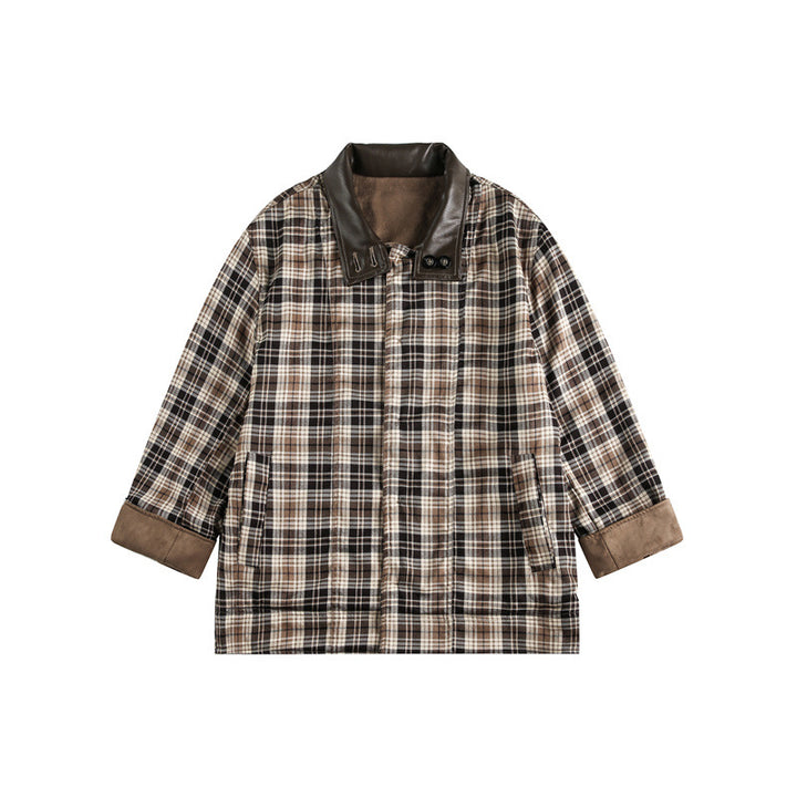 Men's short-cut field blouson in vintage workwear style with faux leather stand-up collar and checked inner lining Mune Fashion