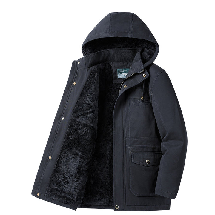 Men's quilted winter parka with teddy lining, hood, and durable canvas outer shell