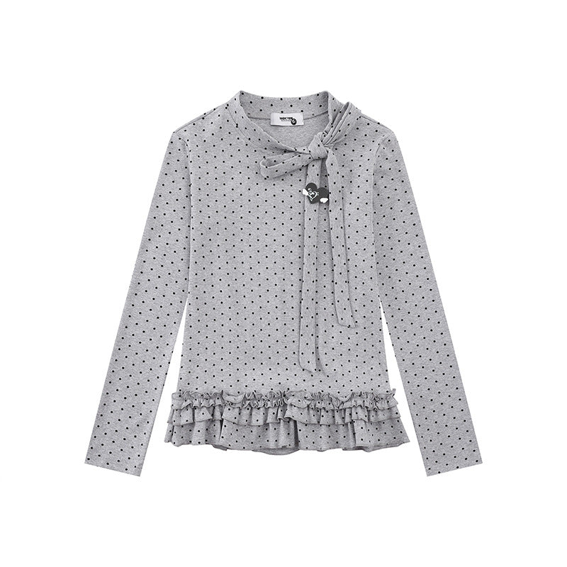 Women's long sleeve top with bow collar, polka dot print and double ruffle hem
