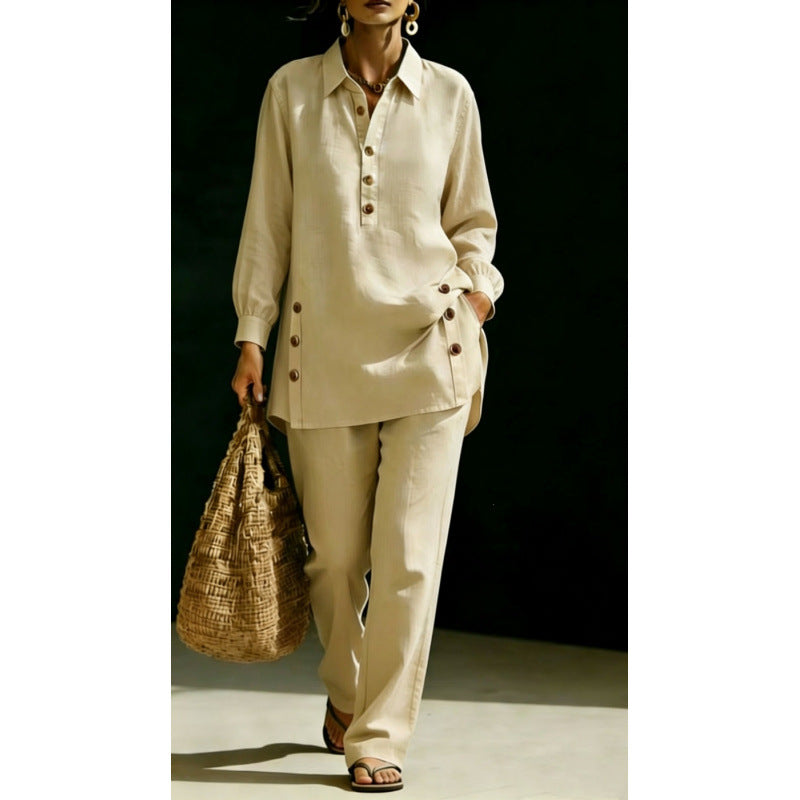 Women's Lightweight Oversized Shirt Tunic with Decorative Buttons and Straight Leg Trousers Mune Fashion
