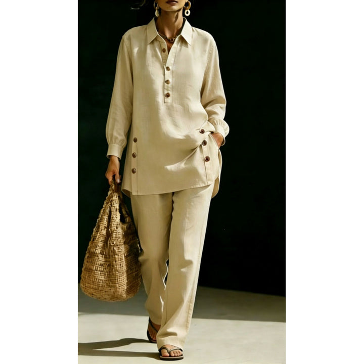 Women's Lightweight Oversized Shirt Tunic with Decorative Buttons and Straight Leg Trousers Mune Fashion