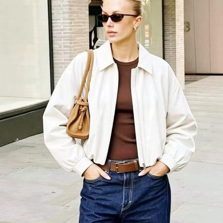 Women's Short Boxy Shirt Jacket with Zipper and Elastic Hem Mune Fashion