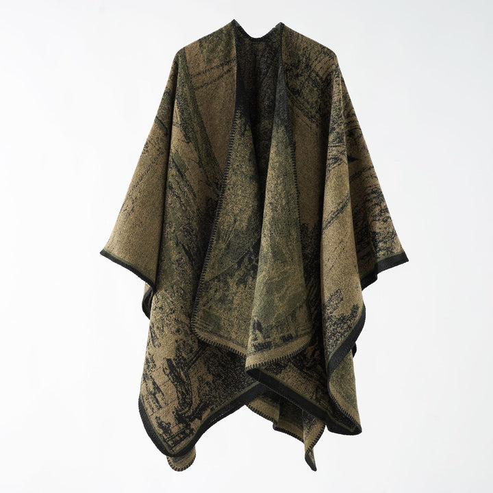 Women Oversize Ruana in boxy cape with jacquard woven structure and soft wool blend drape