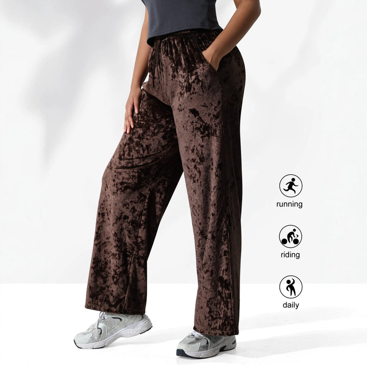 Ladies velour pants with wide leg, drawstring and side pockets Mune Fashion
