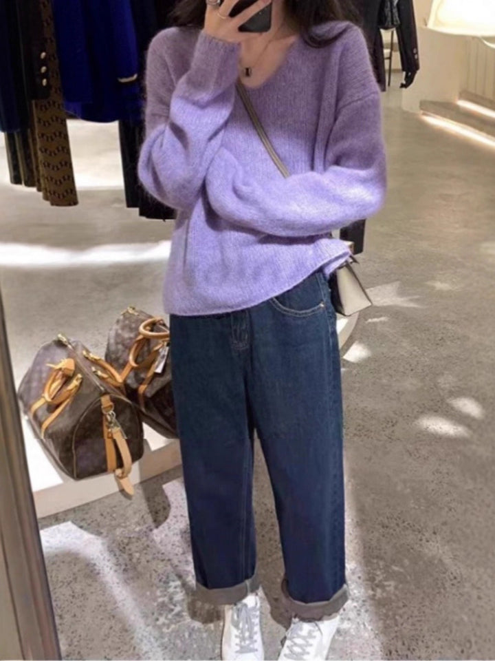 Women Oversize V-neck Mohair-look Pullover with Angora-look and dropped shoulder Mune Fashion