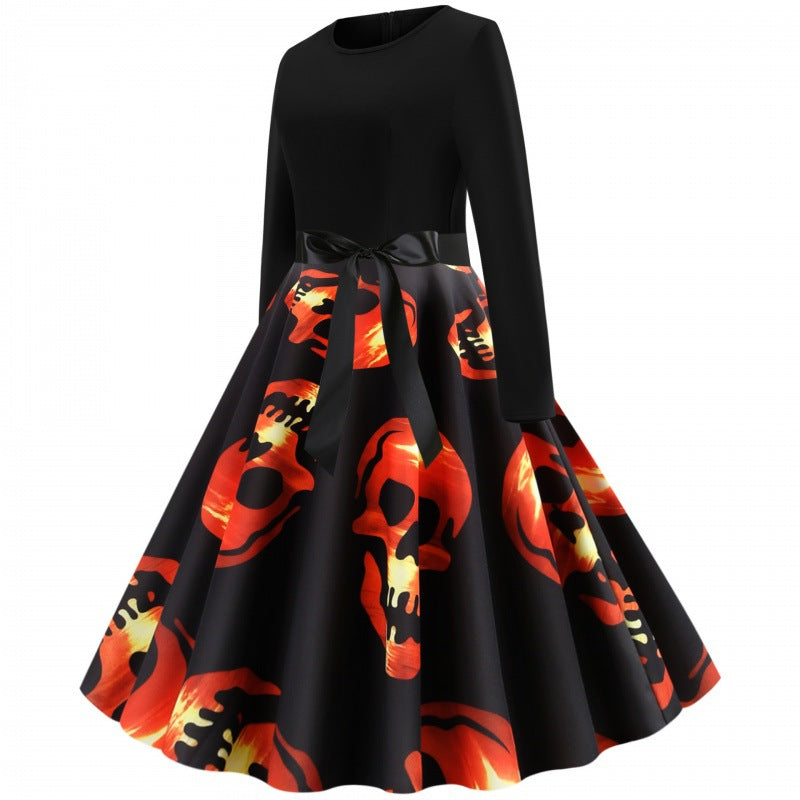 Women Vintage Swing Dress with Fitted Top, A-Line Skirt and Large Skull Print Mune Fashion