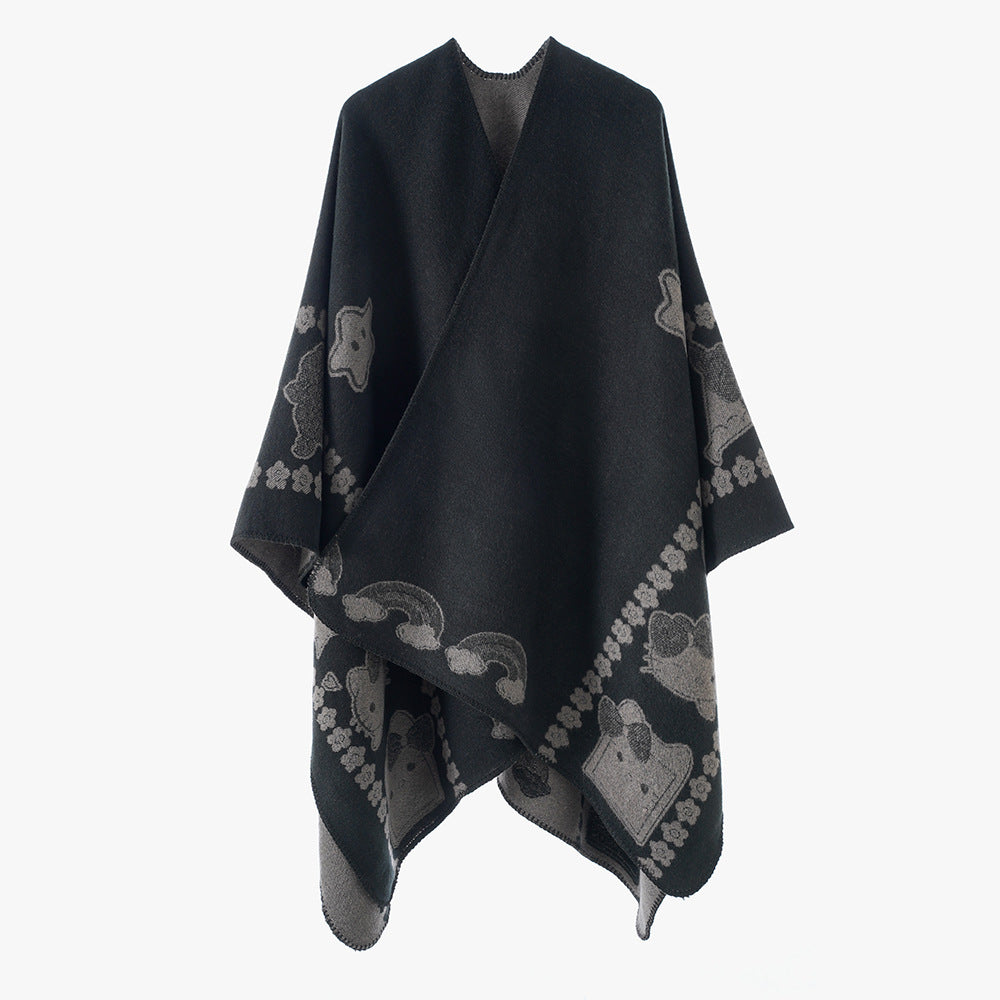Women's Oversize Poncho with Jacquard Animal Pattern and Asymmetrical Pointed Hem Mune Fashion