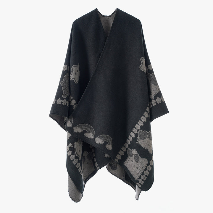 Women's Oversize Poncho with Jacquard Animal Pattern and Asymmetrical Pointed Hem Mune Fashion