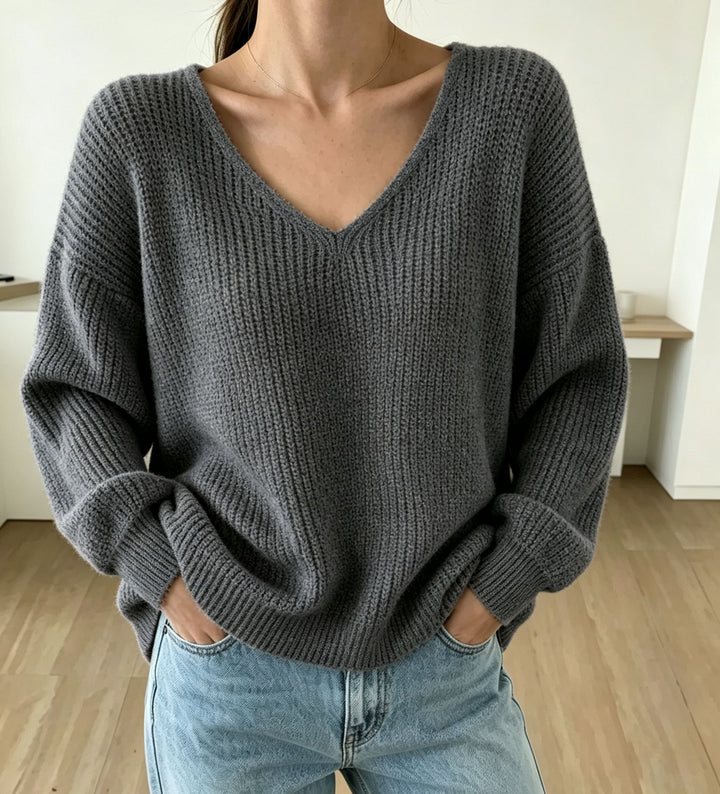 Women's Casual Boxy Chunky Knit Sweater with V-Neck and Ribbed Cuffs Mune Fashion