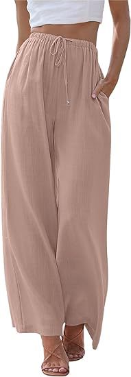 Women's wide linen pants with elastic waistband, drawstring, and side pockets Mune Fashion