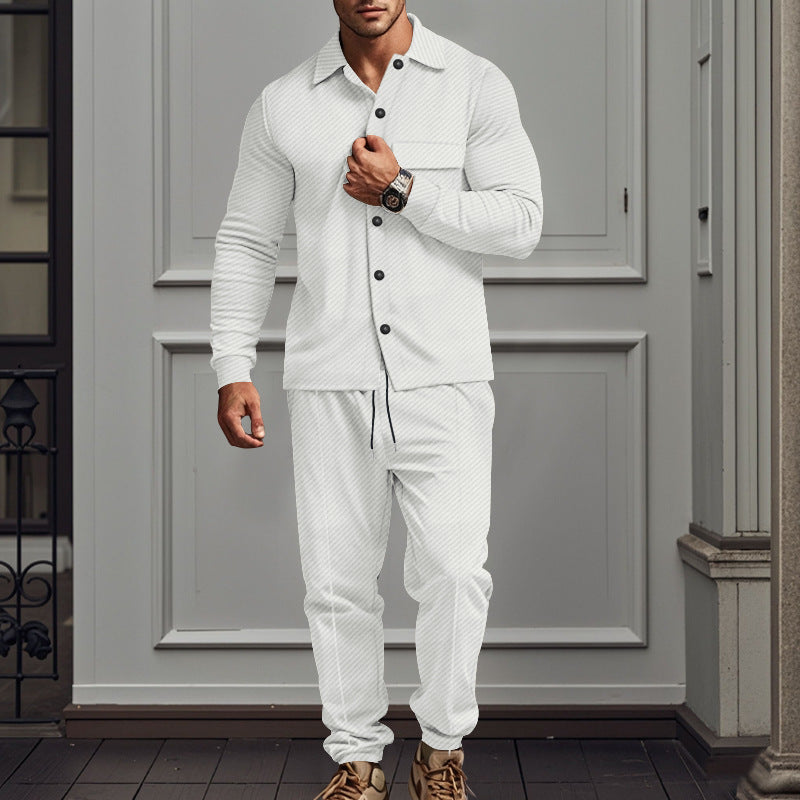 Men's urban lounge two-piece set with shirt jacket, chest pocket, and drawstring joggers made of textured cotton blend Mune Fashion