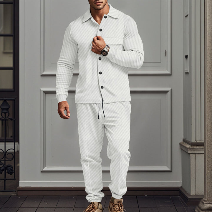 Men's urban lounge two-piece set with shirt jacket, chest pocket, and drawstring joggers made of textured cotton blend Mune Fashion