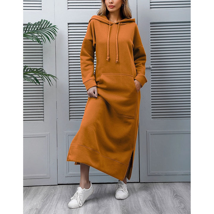 Women's long hooded sweat dress with kangaroo pocket, side slits and loose oversized fit Mune Fashion