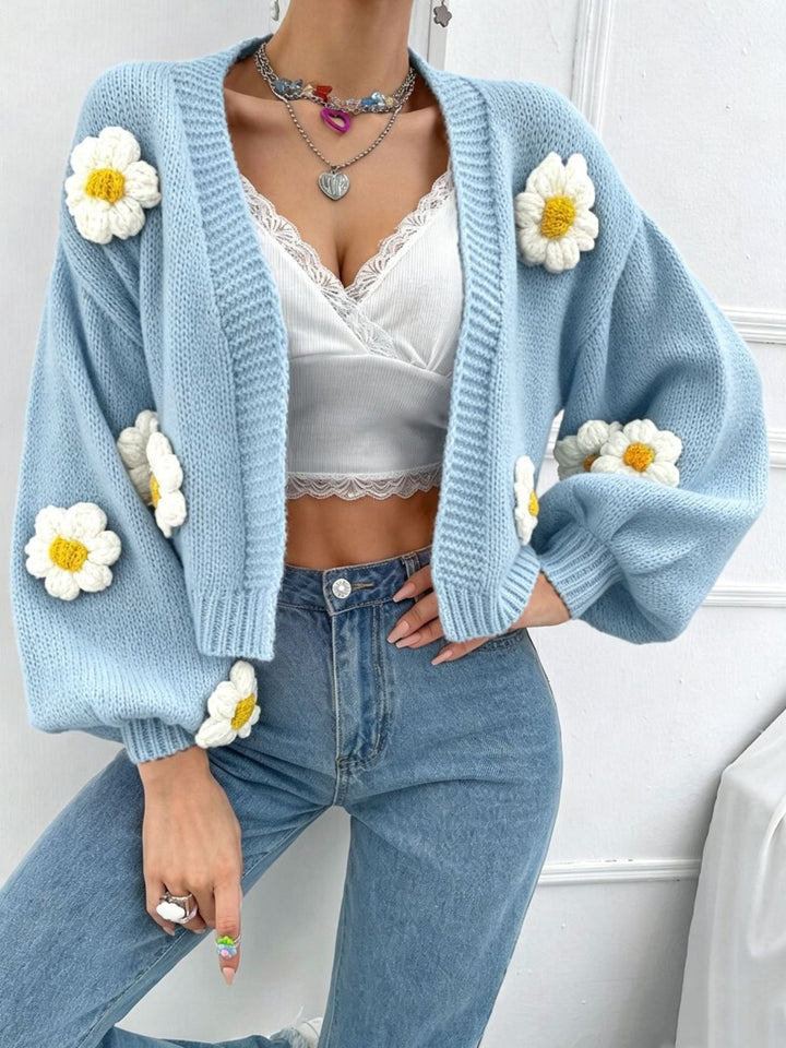 Women's Short-Cut Chunky Knit Cardigan with 3D Flower Applications Mune Fashion