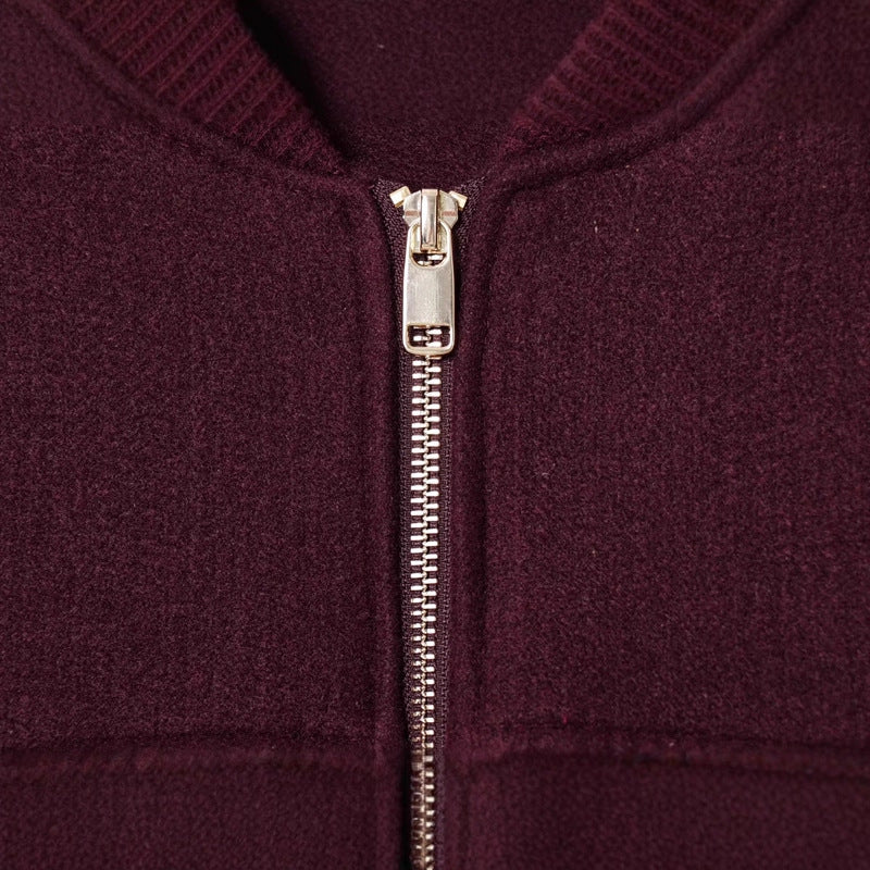 Ladies short wool blend bomber jacket with full zip, chest patch pockets and ribbed hem Mune Fashion