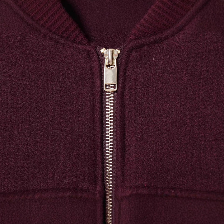 Ladies short wool blend bomber jacket with full zip, chest patch pockets and ribbed hem Mune Fashion