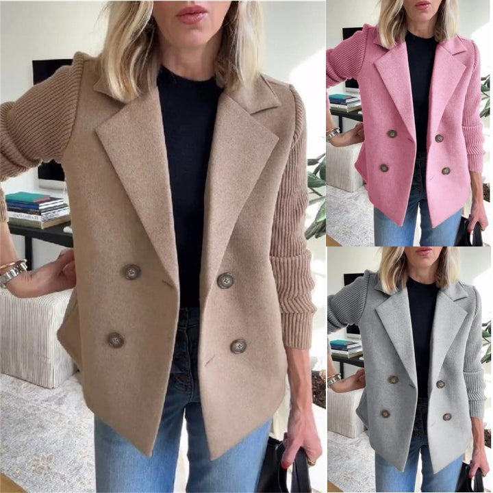 Women's Double-breasted Blazer Vest with Wide Lapels and Ribbed Knit Sleeves Mune Fashion