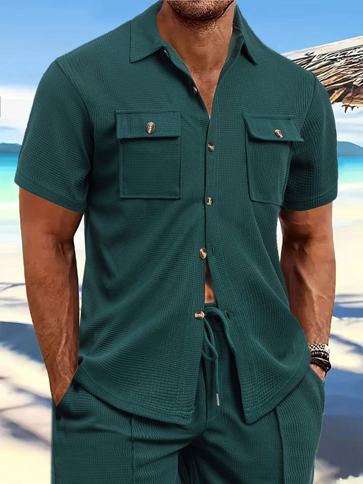 Men's structured waffle lounge set with shirt jacket, chest pockets and corded pants Mune Fashion
