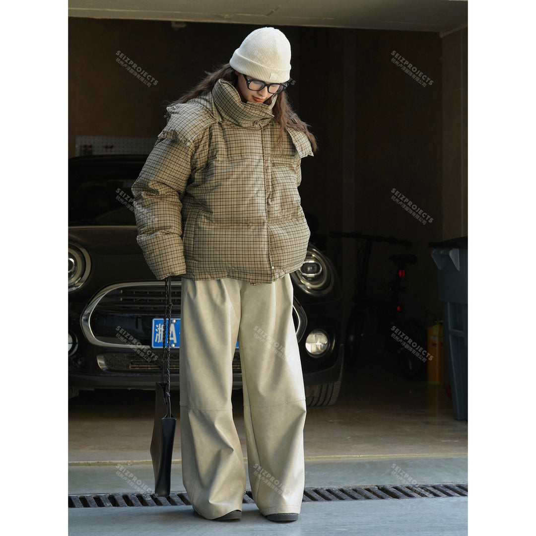 Women Short Cut Quilted Check Pattern Padded Jacket with Hood Mune Fashion