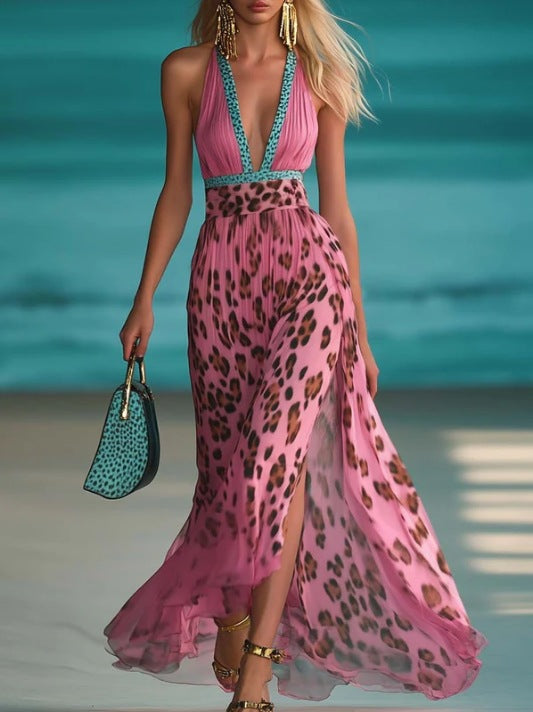 Women nan maxi dress with deep V-neck, braided halter, leopard print, pleated chiffon skirt, and side leg slit Mune Fashion