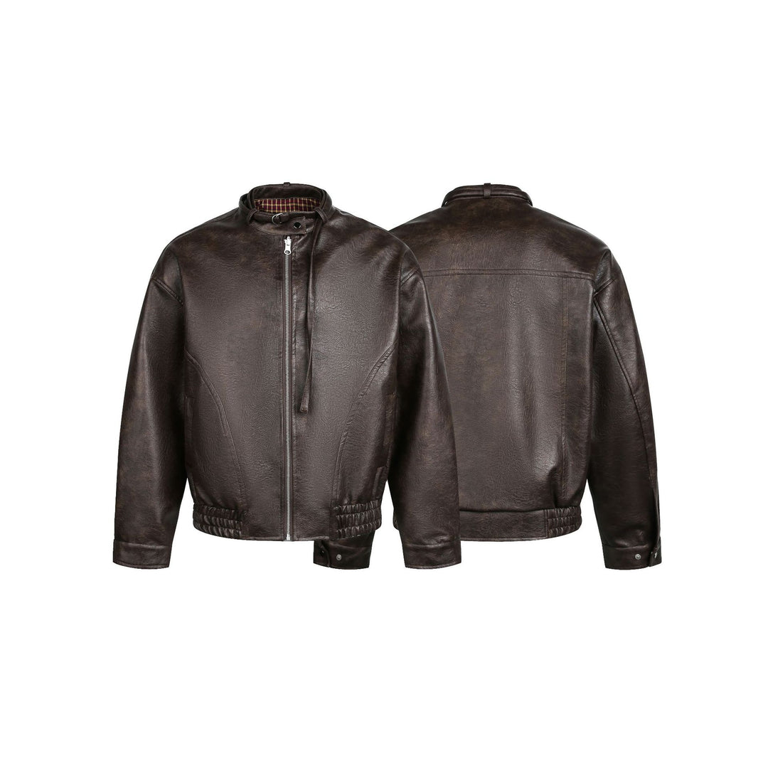 Men's leather pilot jacket with buckle collar and gathered hem Mune Fashion