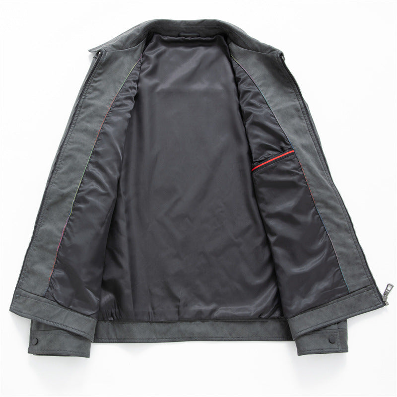 Men's Elegant Velvet Leather Transitional Jacket with Zipper and Shirt Collar Mune Fashion
