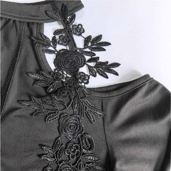 Women off-shoulder long sleeve top with choker collar, floral lace appliqués and tailored peplum Mune Fashion