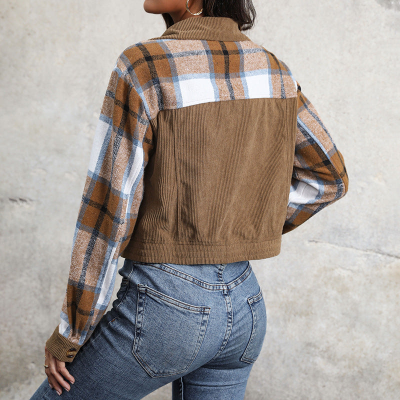 Ladies Short Jacket Cord and Check Mix with Buttons & Breast Pockets Mune Fashion