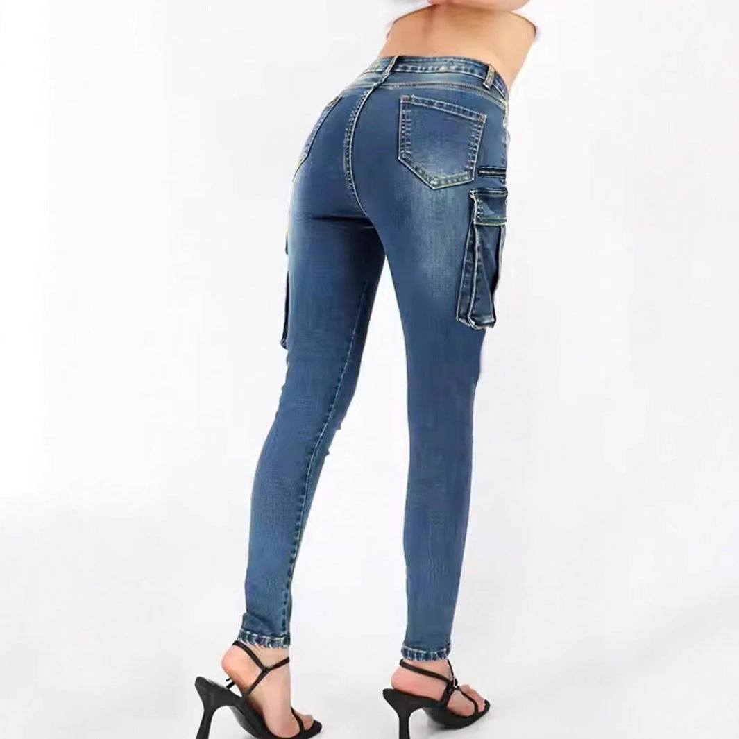 Ladies High-Waist Slim-Cargo-Jeans with flap pockets and zipper details Mune Fashion