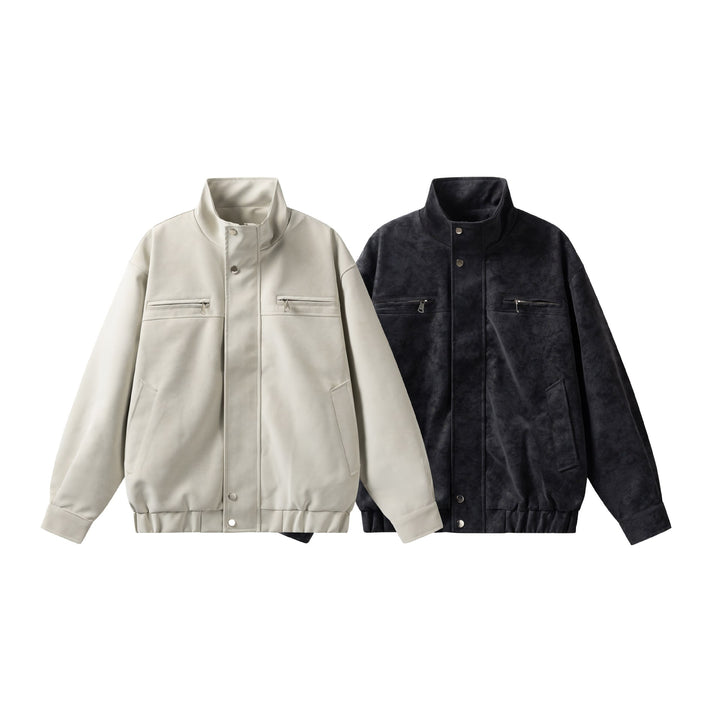 Women's short jacket in leather look with high stand-up collar, zip pockets and elastic hem Mune Fashion