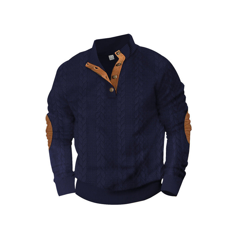 Men's cable knit sweater with stand-up collar, button placket & elbow patches Mune Fashion