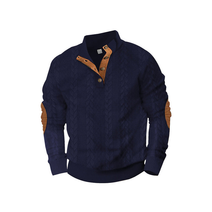 Men's cable knit sweater with stand-up collar, button placket & elbow patches Mune Fashion