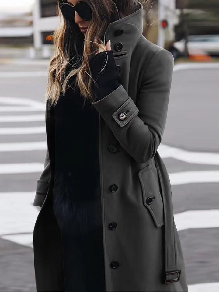 Women's Double-Breasted Trench Coat with High Standing Collar, Waist Belt and Cuff Detail Mune Fashion