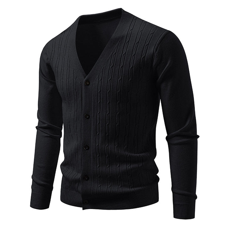 Men's fine-knit cardigan with deep V-neck slim fit and vertical cable knit Mune Fashion